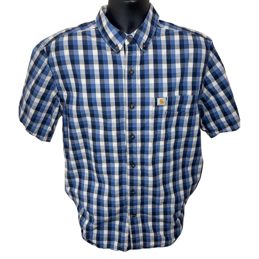 Carhartt Mens Relaxed Fit Plaid Short Sleeve Work Button Down Shirt Blue Size L